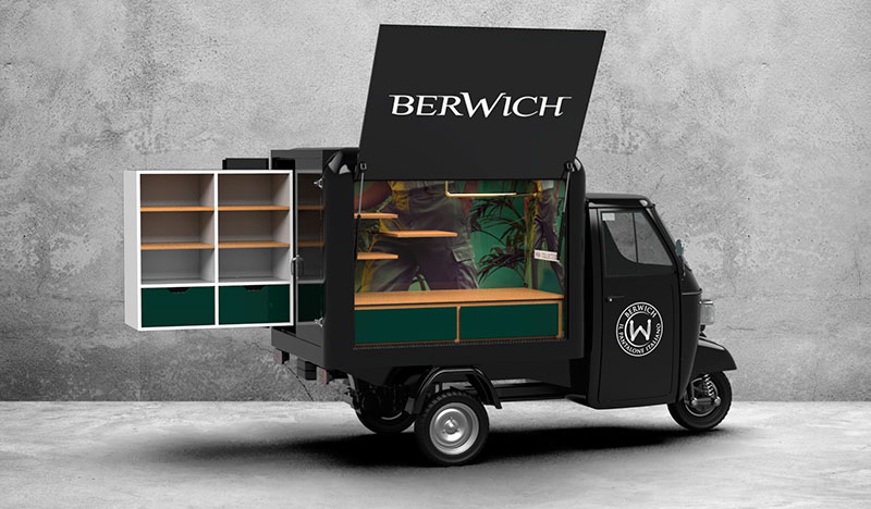 fashion truck berwich électrique piaggio ape magasin mobile iAPPY pour la vente et l'affichage de vêtements