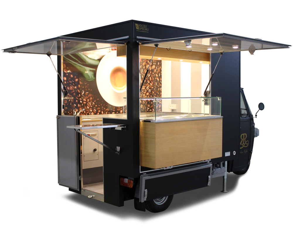 Coffee ApeCar equipped with professional coffee machine and front refrigerated display case for mobile catering