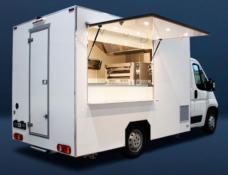 eco food truck in versione pizza truck economico bianco senza verniciatura equipaggiato con l'essenziale per massimizzare i profitti dell'impresa di ristorazione