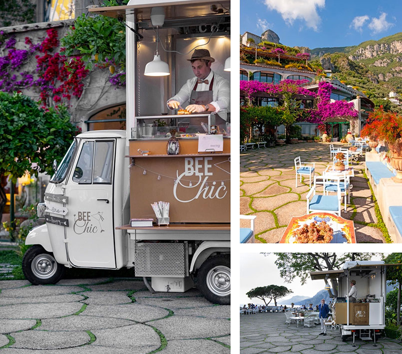Ape food truck Bee Chic acheté à l'hôtel Le Sireneuse à Positano et positionné sur la terrasse
