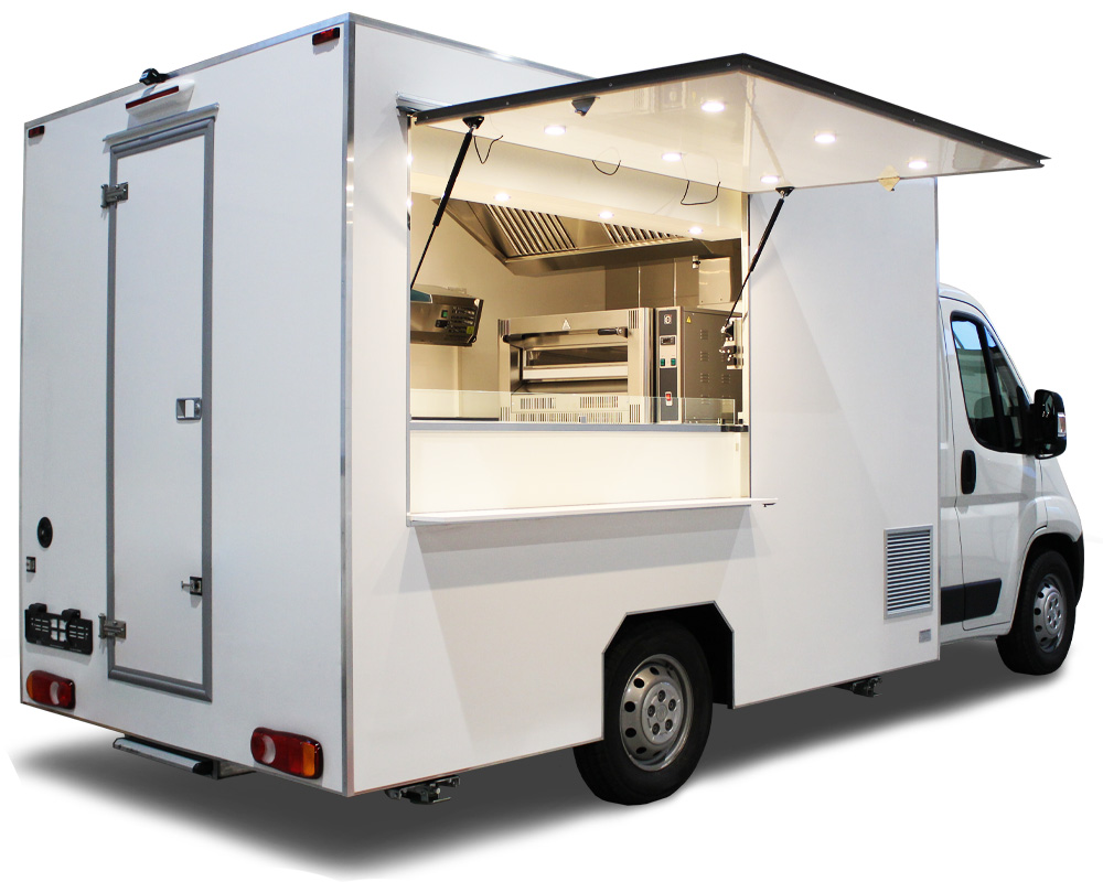 Low Cost Food Truck gebaut als weiße mobile Pizzeria in der Schweiz verkauft